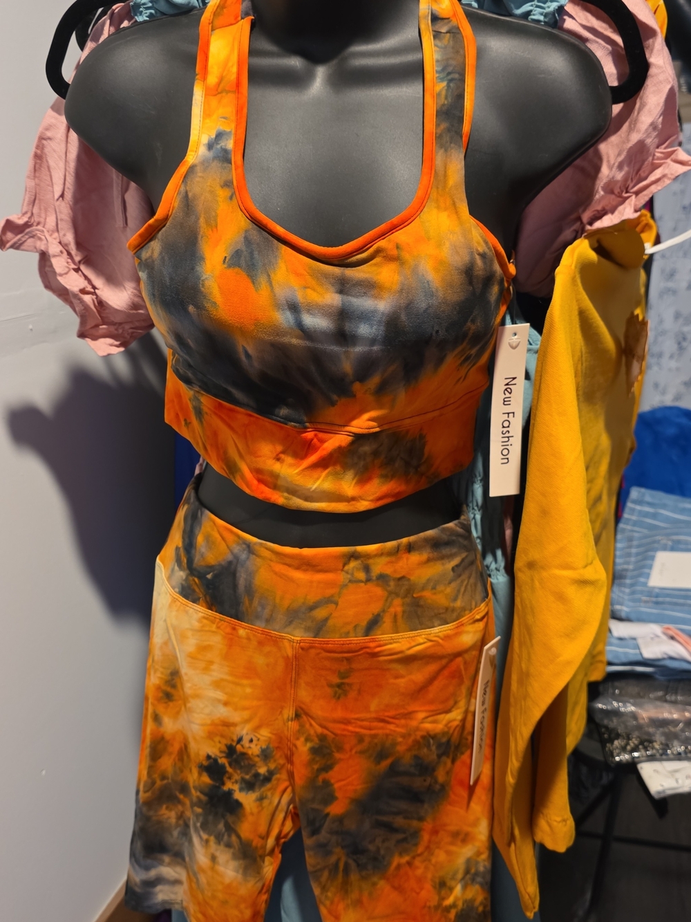 Tie-Dye Orange & Black Athletic Crop Top and Shorts Set